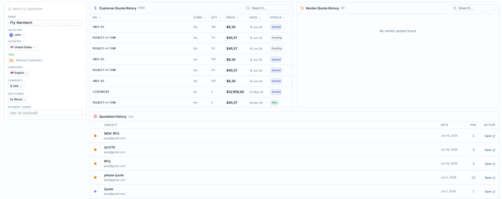 The quote history view in aersyn.ai, past requests and prices for a part number