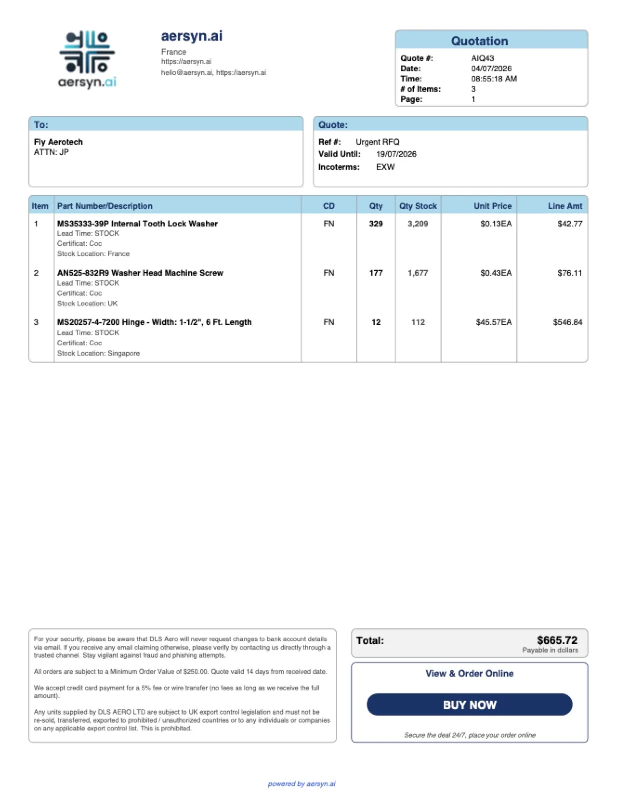 Le devis rédigé par aersyn.ai, en PDF à votre marque : cotation AIQ43, trois lignes chiffrées depuis le stock réel, MS35333-39P à 0,13 $, AN525-832R9 à 0,43 $ et MS20257-4-7200 à 45,57 $, total 665,72 $, prêt pour relecture.