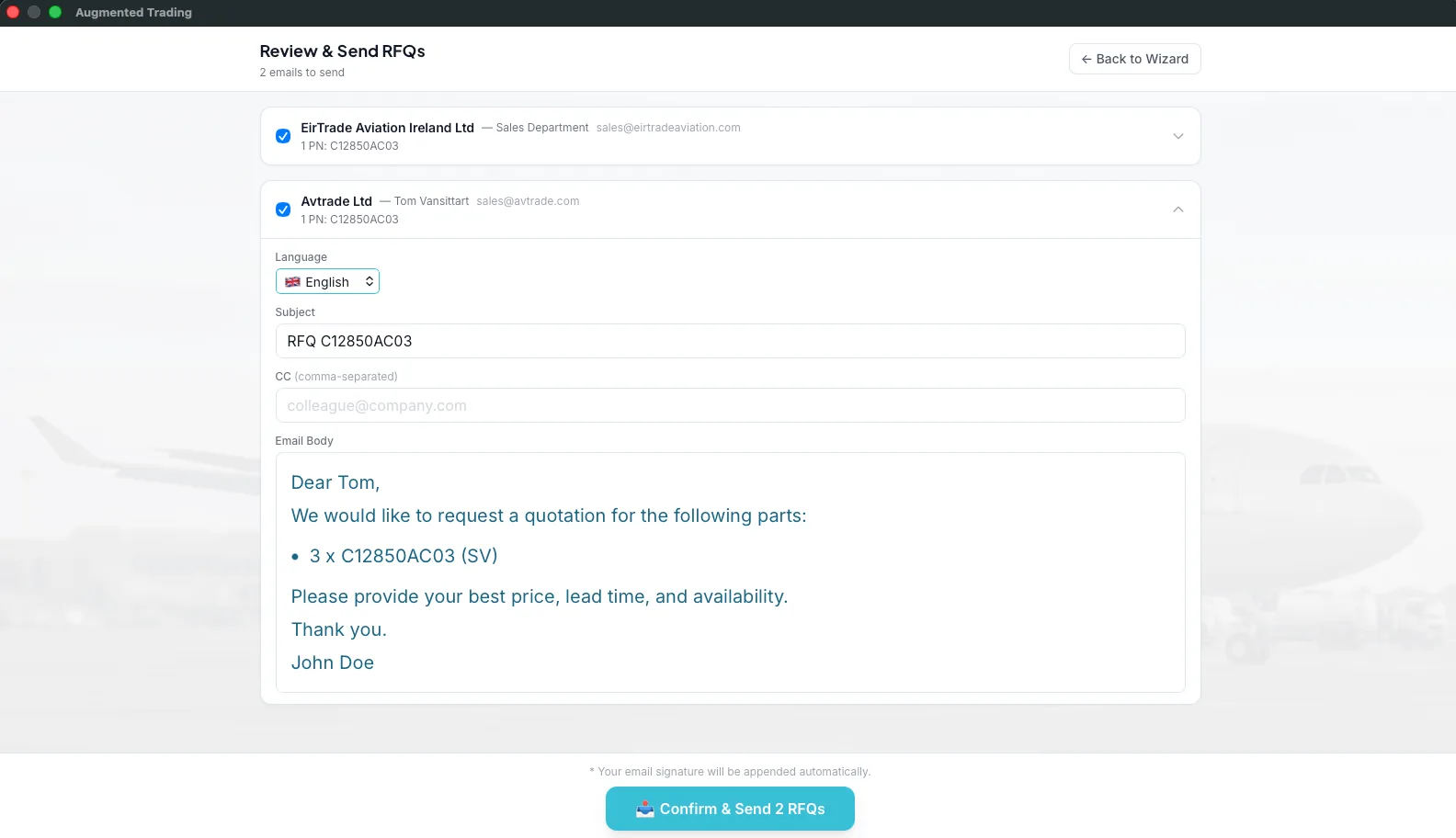 The review and send screen: two supplier RFQ emails drafted by aersyn.ai, with subject, language and body editable before one confirmation sends them both.