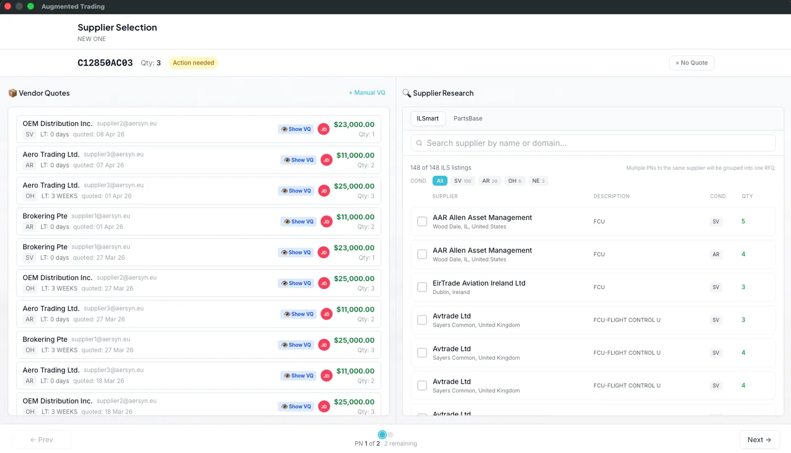 The aersyn.ai sourcing screen for one part number: the vendor quote history on the left, live ILS supplier research on the right with condition and quantity per listing, and PartsBase one tab away.