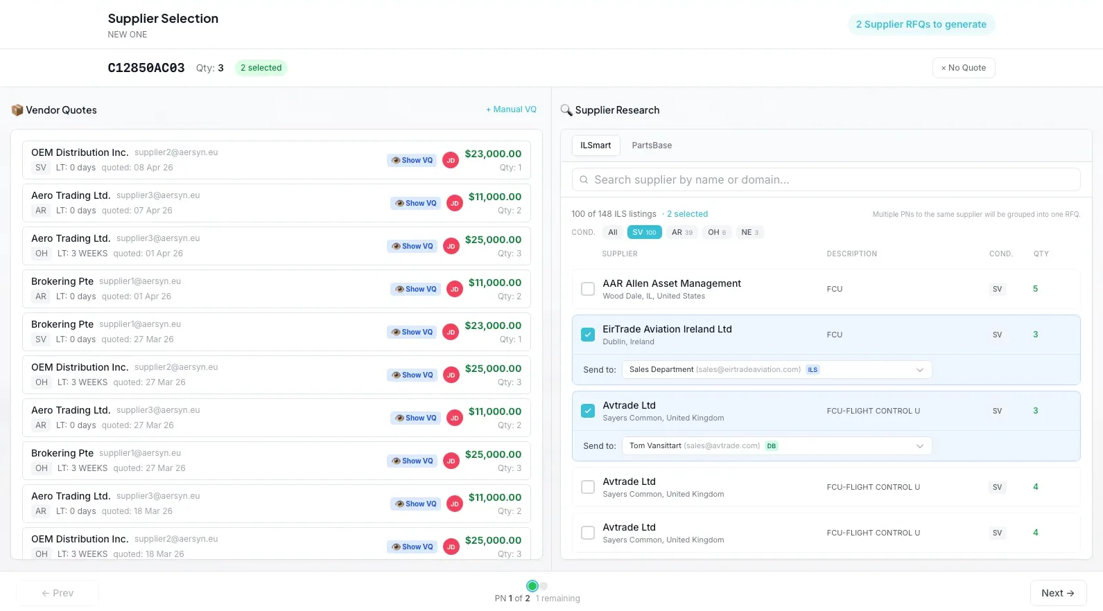 The Supplier Selection wizard for C12850AC03: the vendor quotes already received on the left, live ILS supplier research on the right with EirTrade Aviation and Avtrade selected, and two supplier RFQs ready to generate.