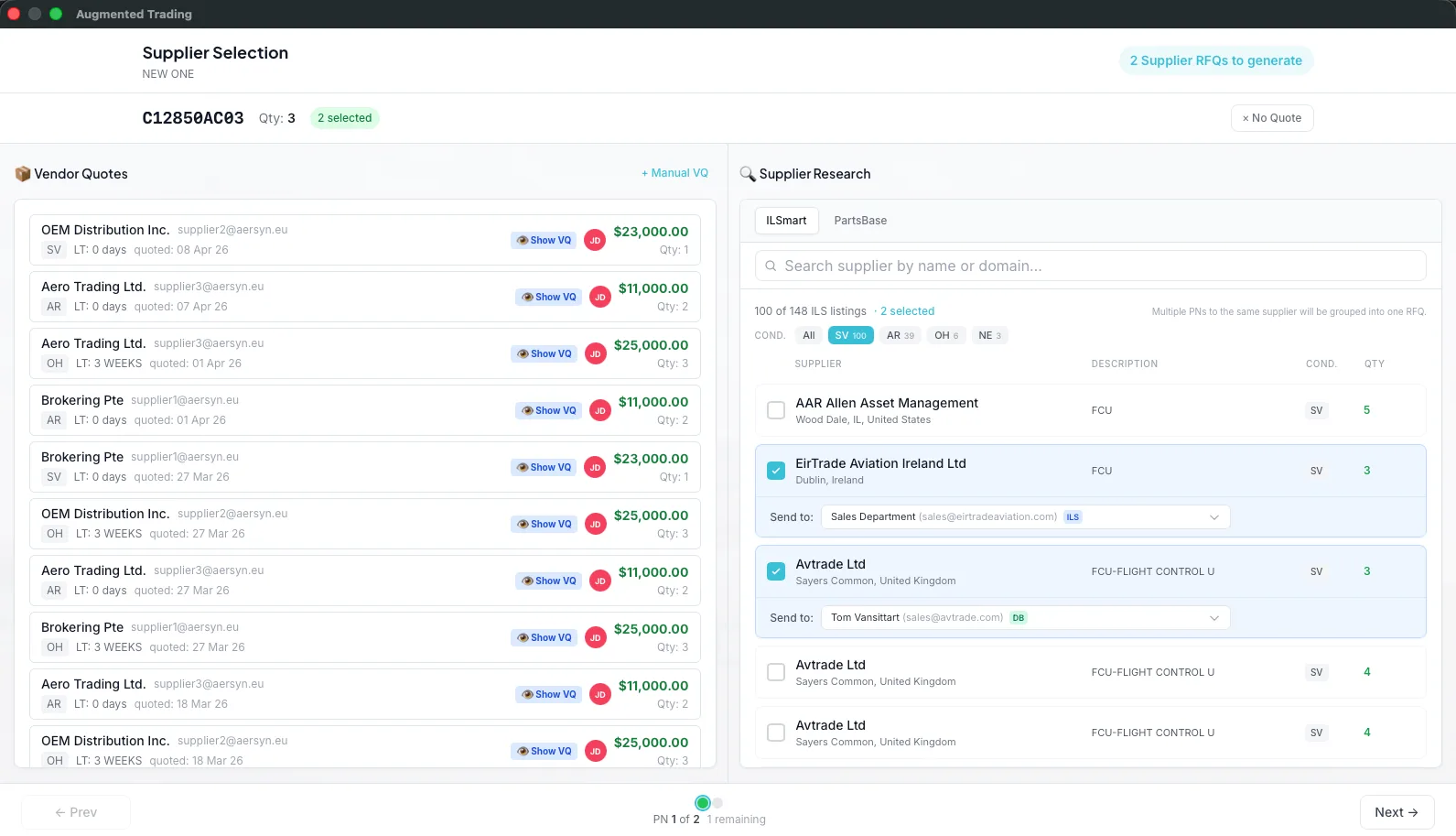 The supplier selection screen for one part number: your vendor quote history on the left, live ILS listings on the right with condition and quantity, two suppliers ticked for the RFQ.