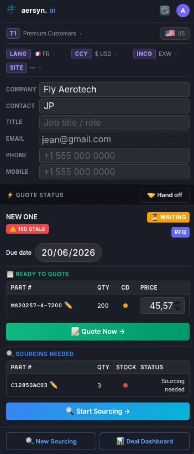 The full aersyn.ai panel inside Outlook: customer context, quote status, drafted lines, and the send controls