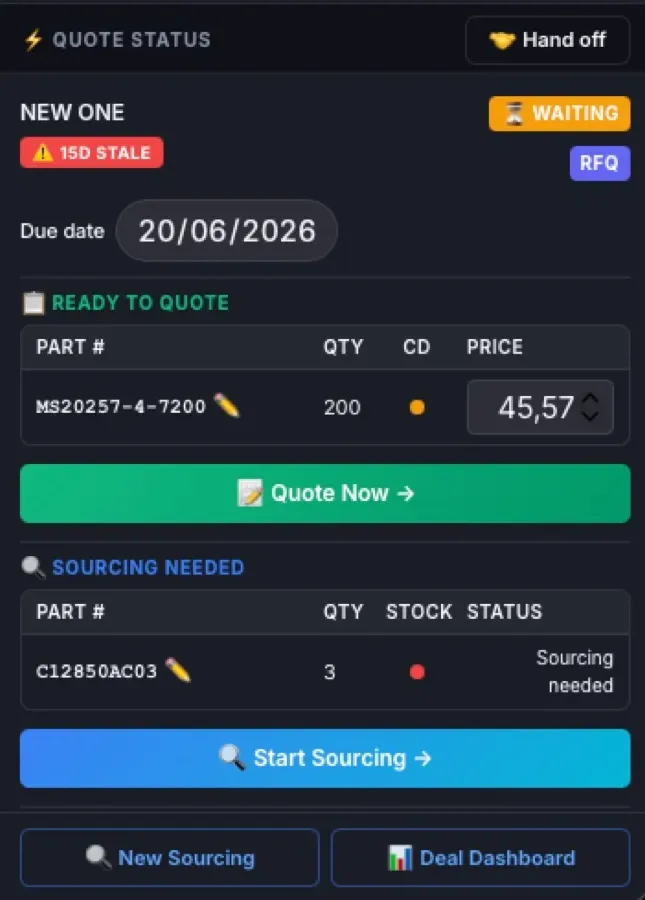 The add-in pane after parsing, from the quote status down: MS20257-4-7200, quantity 200, ready to quote at $45.57, and C12850AC03, quantity 3, flagged as sourcing needed because nothing is on the shelf.